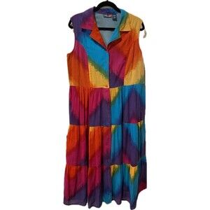 Vintage Phool Tie Dyed Sleeveless Midi Dress Tiered Bright Colors Festive Size L